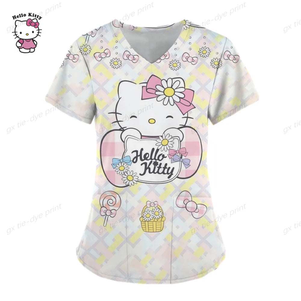 Hello Kitty Uniform Women's Cartoon Hello Kitty Print Nurse Work Shirt Pocket Gown Christmas Healthcare Nurse Scrubs