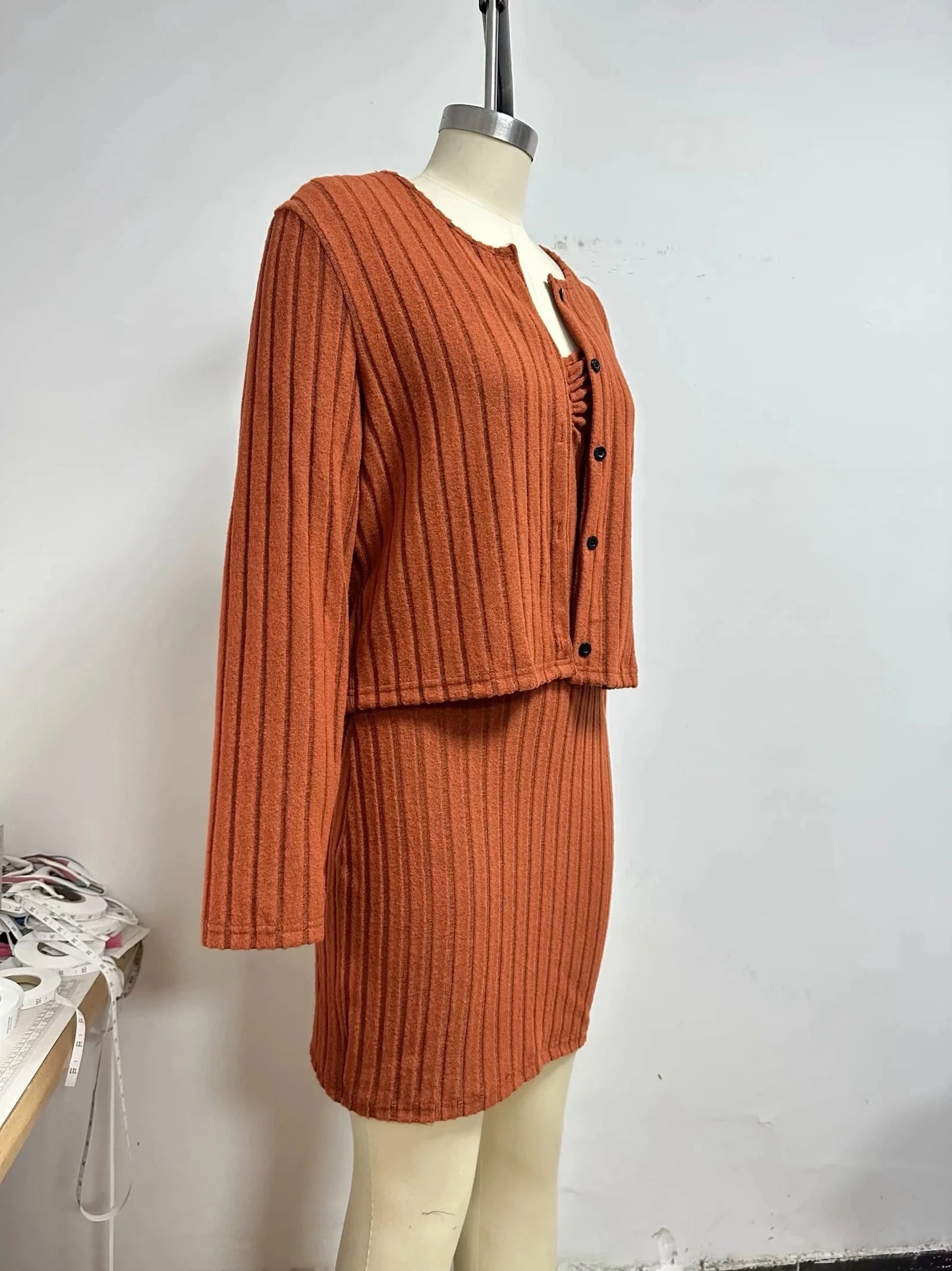 Womens Solid Button Front Jacket & Bodycon Dress