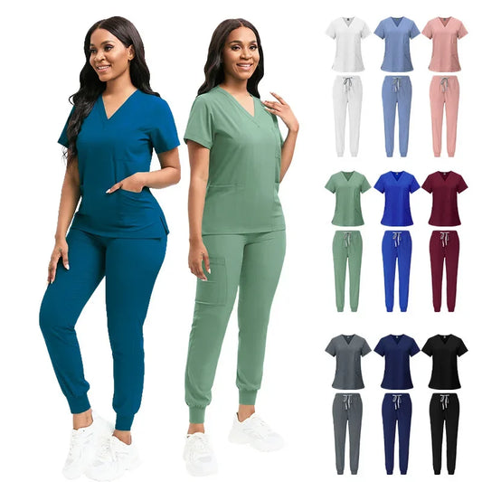 Women's V-Neck Short Sleeve Scrubs Surgical Nursing Uniforms with Pockets Breathable Medical Workwear for Dentist & Clinic Staff