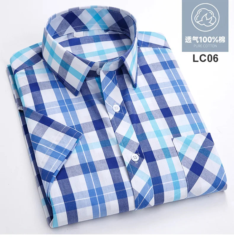 Plus Size 8XL 7XL New Men's Shirts Short Sleeve Cotton Plaid Shirt Summer Fashion Thin Soft Classic Basic Casual Male Clothing
