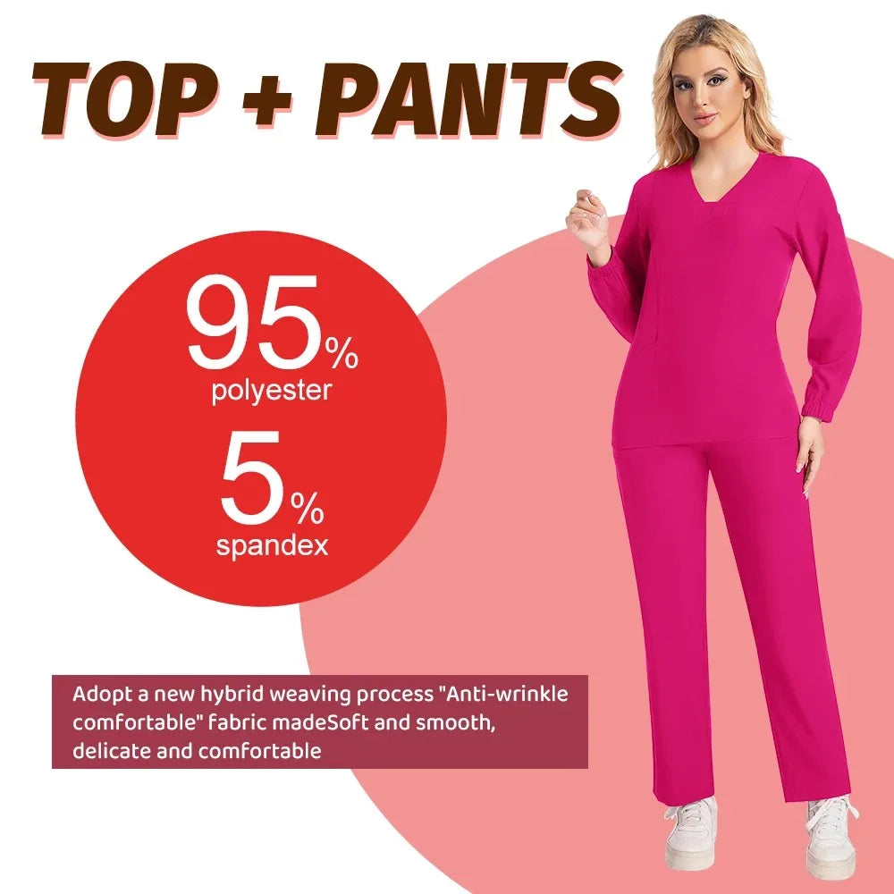 Long sleeves Scrubs Medical Scrub Soft Breathable Jogger Pants Set Surgical Uniforms Woman NursingClinical Doctor Workwear