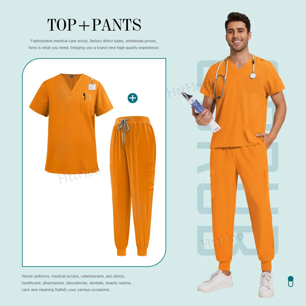 Scrubs Set Men Medical Uniforms Stretch Scrub Tops with Pocket Pants Nurse Uniform Doctor Surgery Overalls Beauty Salon Workwear