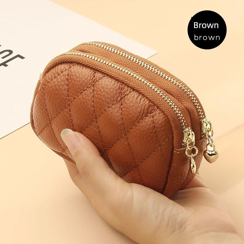 2024 New Arrival First Layer Cowhide Quilted Embroidery Thread Key Ring Buckle Coin Bag Double Layer Zipper Genuine Leather Mini Purse Women