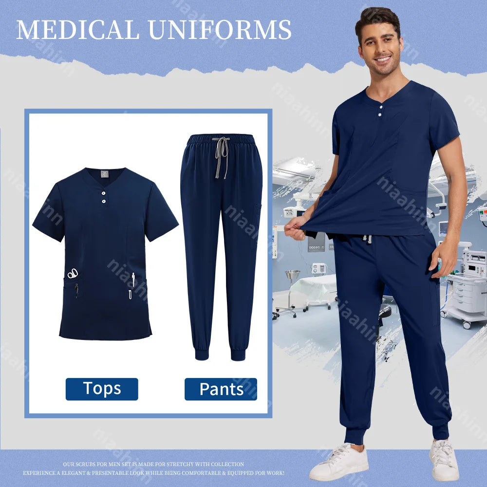 Scrubs Tops Jogger Pants Set Men Nurse Uniform Wholesale Lab Dustproog Workwear Doctor Uniform Suit for Men Medical Clothing Set