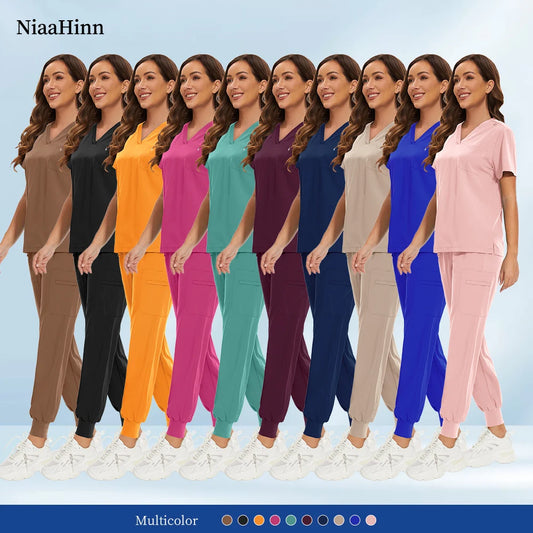 Niaahinn Nurse Surgical Scrub Suit Men Women Unisex Doctor Medical Hospital Uniform Top Jogger Pants Veterinary Nursing Uniforms