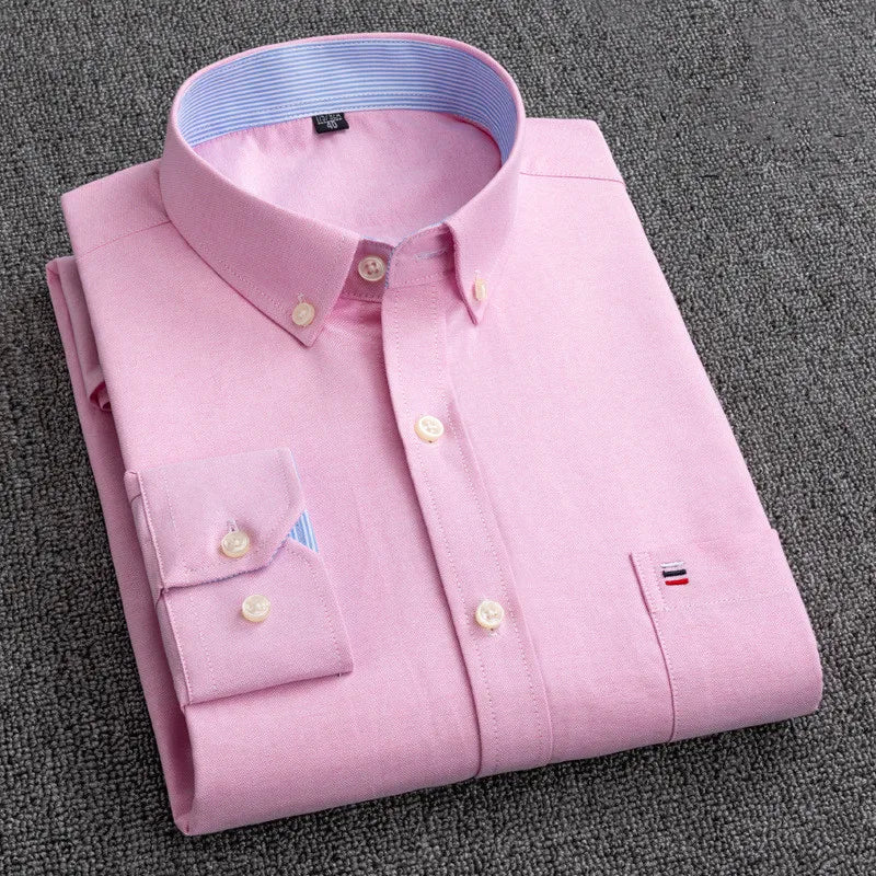 New S-7XLCotton Oxford Shirt For Mens Long Sleeve Plaid Striped Casual Shirts Male Pocket Regular-Fit Button-Down Work Man Shirt