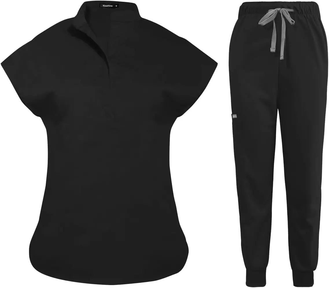 niaahinn Scrubs Set for Women Nurse Uniform Jogger Suit Stretch Top & Pants with Multi Pocket for Nurse Esthetician Workwear
