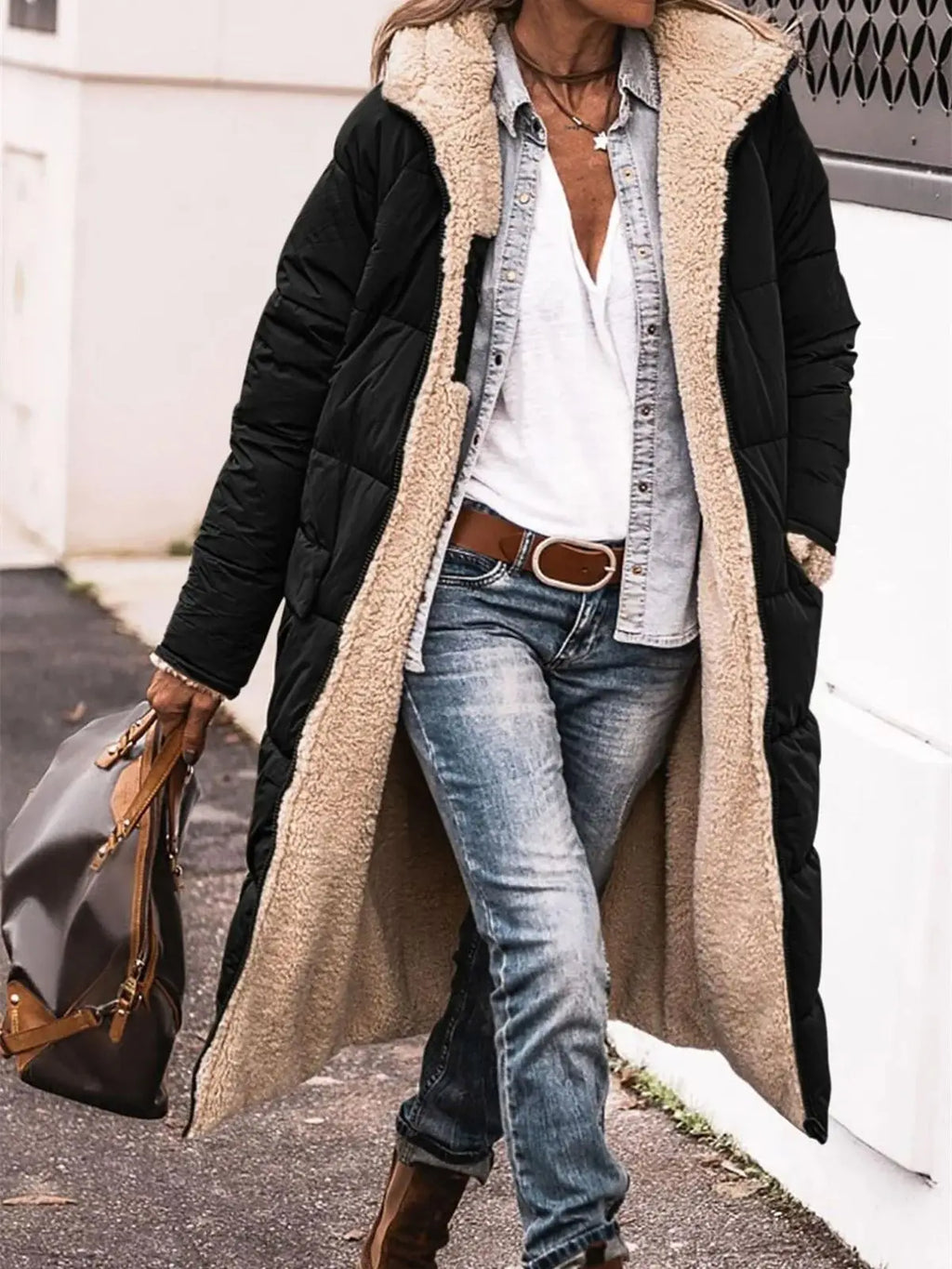 Winter Hooded Quilted Jacket For Women Solid Reversible Long Sleeve Thick Coat Warm Fashion Long Outerwear Casual Puffer Coats