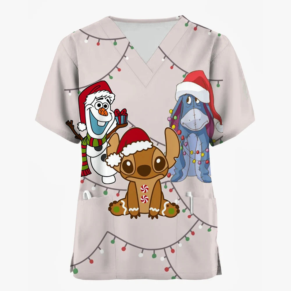 Nurse Uniforms Women Merry Christmas Print Short Sleeve Stitch Scrubs Working Medical Blouse Overalls Uniforms Medical Nursing