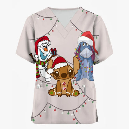 Nurse Uniforms Women Merry Christmas Print Short Sleeve Stitch Scrubs Working Medical Blouse Overalls Uniforms Medical Nursing