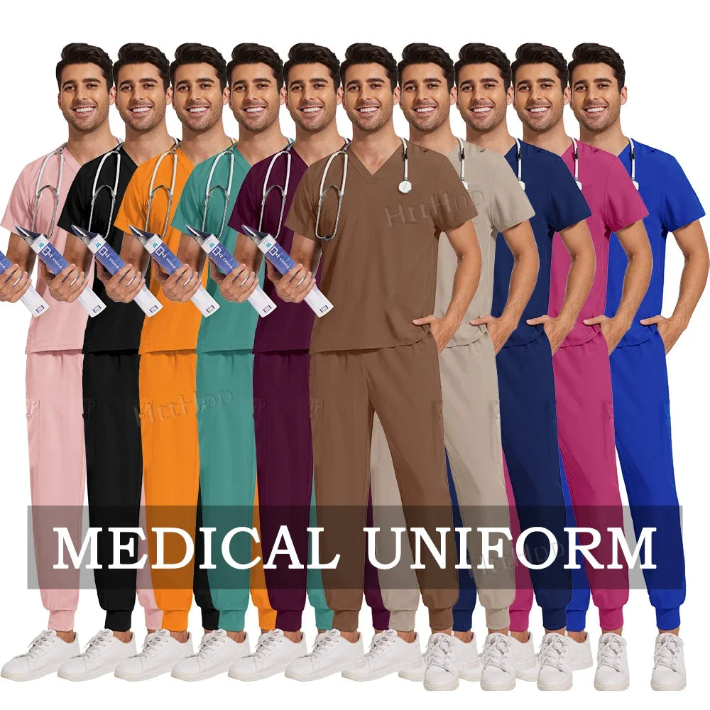 Scrubs Set Men Medical Uniforms Stretch Scrub Tops with Pocket Pants Nurse Uniform Doctor Surgery Overalls Beauty Salon Workwear