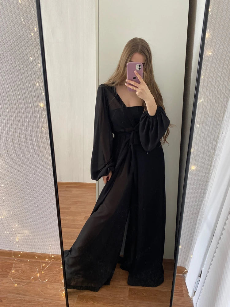 Women 3 Piece Sets Homewear Fashion Casual Lantern Sleeve Cardigan Tops+Wide Leg Pants Suits Lady Spring Soft Three Piece Outfit