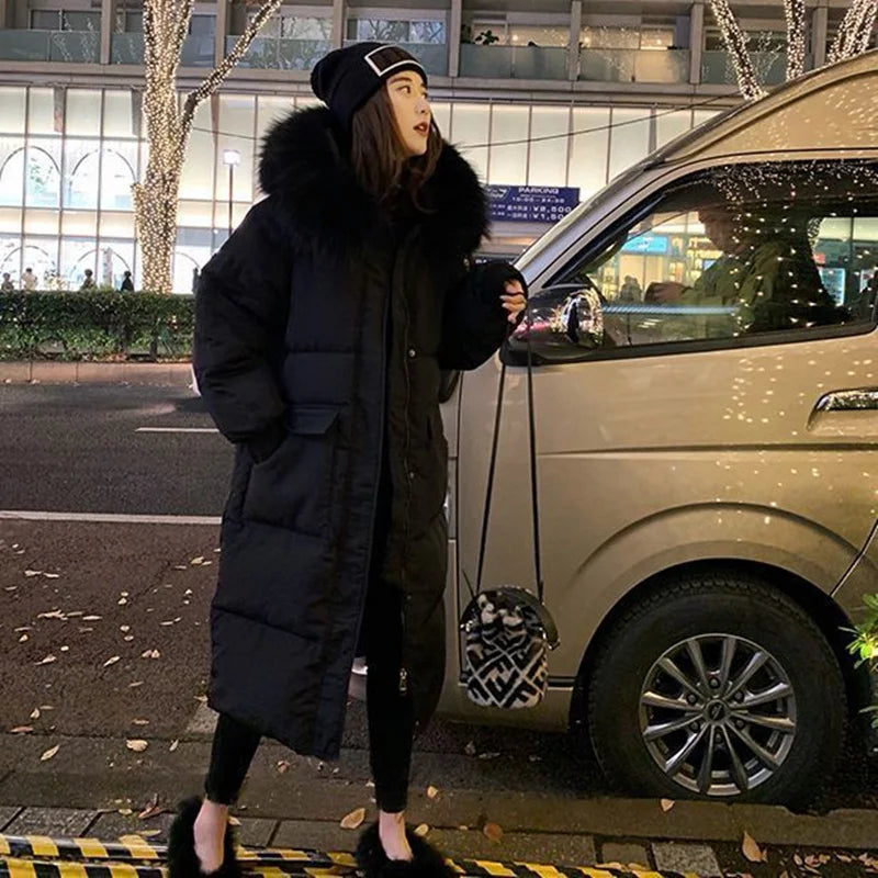 Winter Down Cotton Jacket Women's Winter Hooded Faux Fur Collar Coat Warm Parkas Snow Outwear Oversized Long Winter Jacket