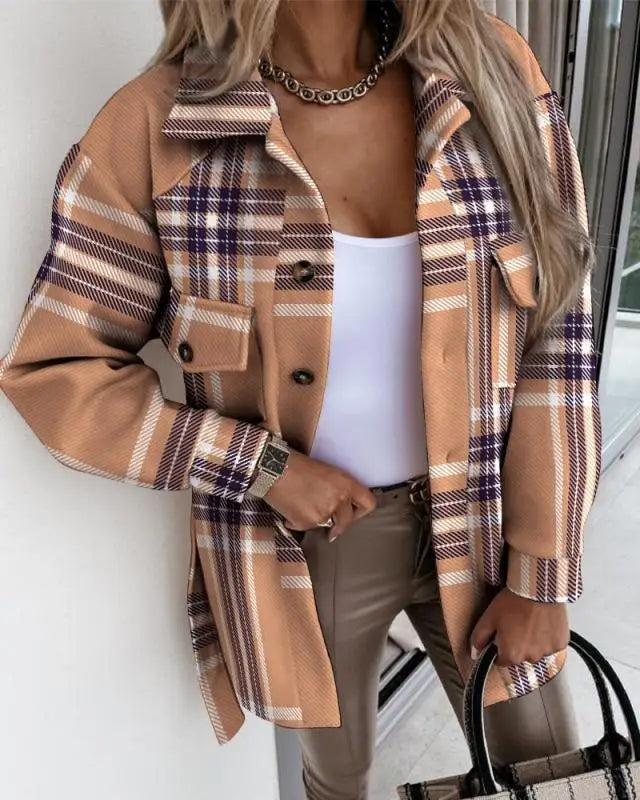 Women's Fashion Autumn and Winter Blouses Jackets Strap Plaid Printed Woolen Jacket Ladies Casual Pockets Coats Clothing