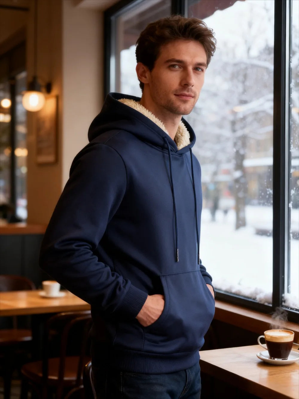 Winter Men's Fleece Hoodies Solid Color Casual Warm Long Sleeve Pullover New Crew Neck Hooded Sweatshirt Streetwear Men Clothing