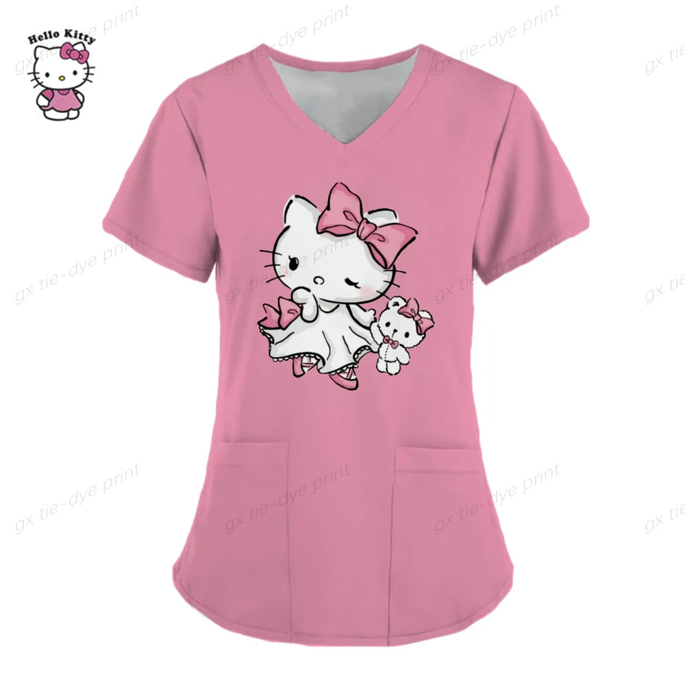 Hello Kitty Uniform Women's Cartoon Hello Kitty Print Nurse Work Shirt Pocket Gown Christmas Healthcare Nurse Scrubs