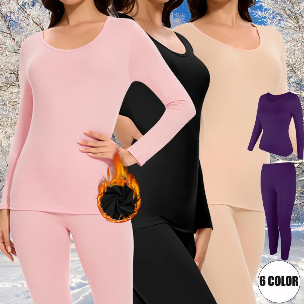 Plus Size Winter Thermal Underwear Suits Women's Long-Sleeved Tops Pants 2PCS Soft Comfortable Ladies Layer Clothing 6 Color