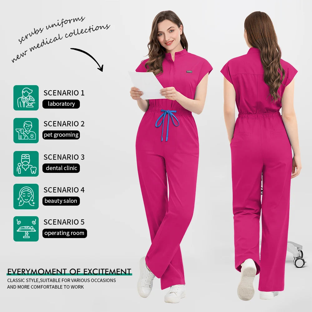 Slim Fitting Elasticity Scrubs Workwear Operating Room Medical Uniforms Nurse Scrubs Jumpsuit Women Solid Color Surgery Clothing