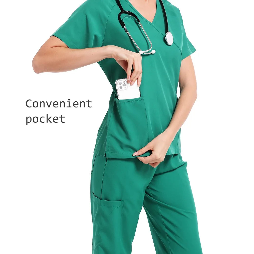 New Scrubs Set Medical Uniforms Stretch Scrub Tops with Pocket Pants Nurse Uniform Doctor Surgery Overalls Beauty Salon Workwear