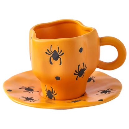 Creative Halloween-themed ceramic cups and saucers Irregular personalized coffee cups Coffee saucers Pumpkin bat pattern cups
