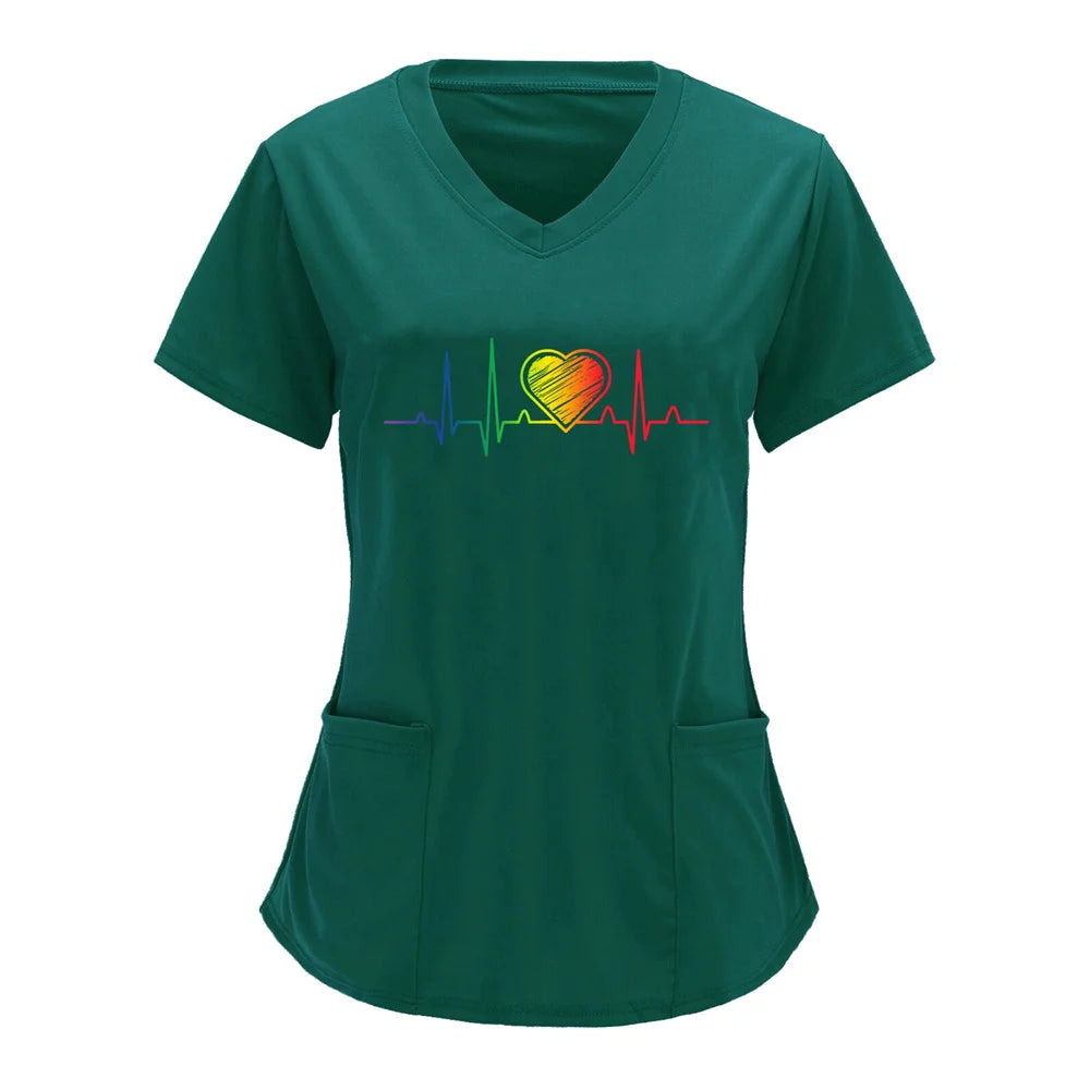 Women T-shirt Working Uniform Print Pocket Pet Grooming Nurse Uniform Clothing Hospital Solid Short Sleeve Spa V-Neck Scrub Tops