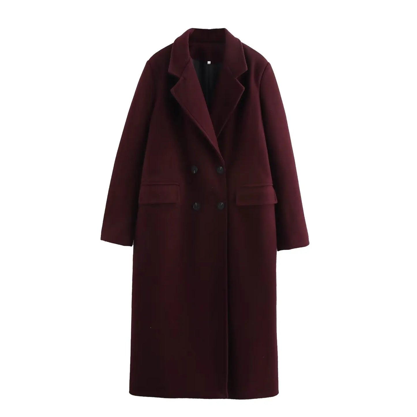 HH Female Autumn Winter Fashion Woolen Long Coat Woman Casual Turn-Down Collar Long Sleeves Pockets Double Breasted Coat