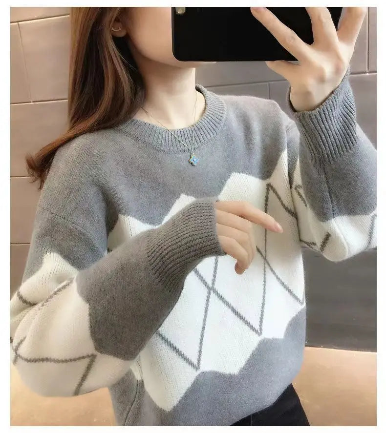 Sweater Women's Autumn and Winter New Warmth Thick Knitted Sweater Color-blocking Slim Base Shirt Top Base Shirt