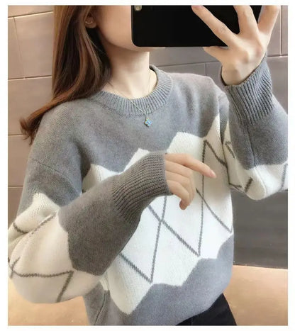 Sweater Women's Autumn and Winter New Warmth Thick Knitted Sweater Color-blocking Slim Base Shirt Top Base Shirt