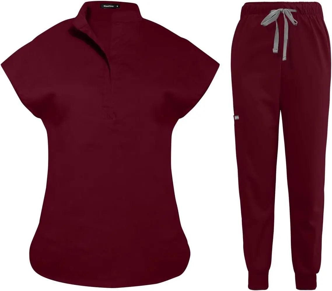 niaahinn Scrubs Set for Women Nurse Uniform Jogger Suit Stretch Top & Pants with Multi Pocket for Nurse Esthetician Workwear