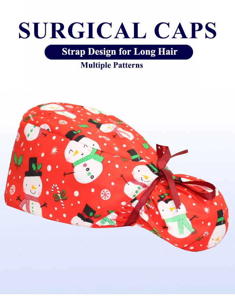 Christmas Snowman Scrub Caps for Long Hair Cotton Surgical Hats Dental Nursing Caps Women Men Hospital Clinic Medical Caps C1093