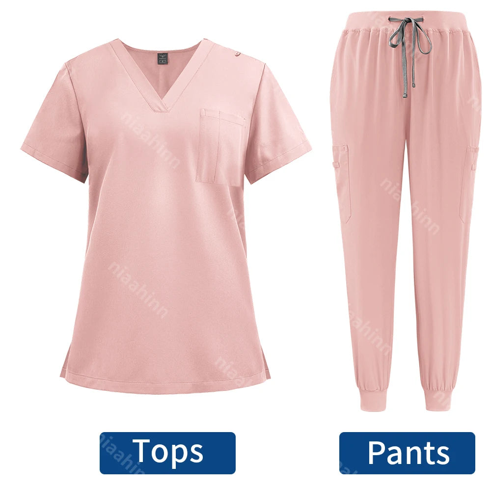 Niaahinn Surgical Uniforms Women Scrub Set Medical Nursing Workwear Dental Clinic Doctor Scrubs Tops+Pants Spa Work Unifrom Suit