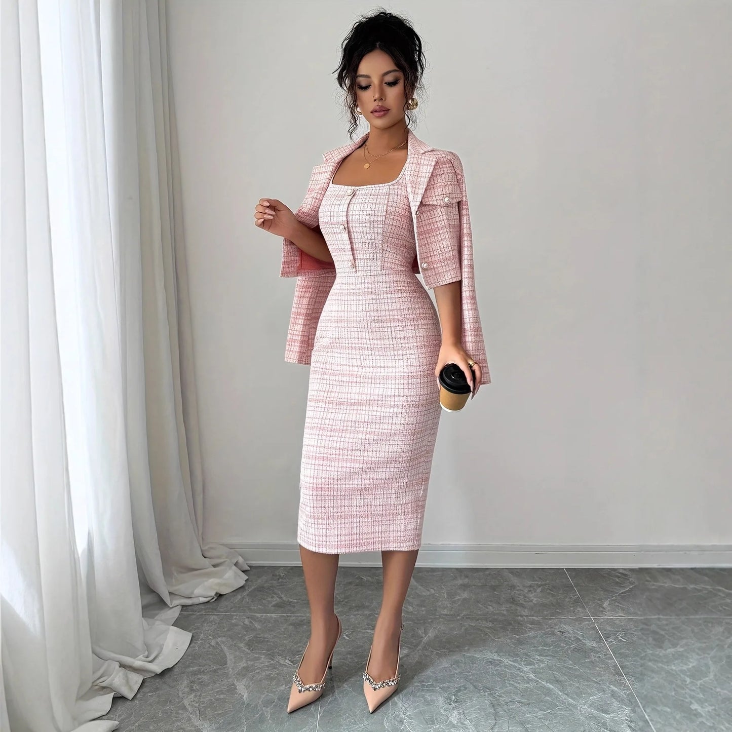 Dress Suits Women Coat Sheath Dresses 2 Piece Sets Suit Jacket Sundress Plaid Print Outfits Vestidos Office Lady Spring 2026