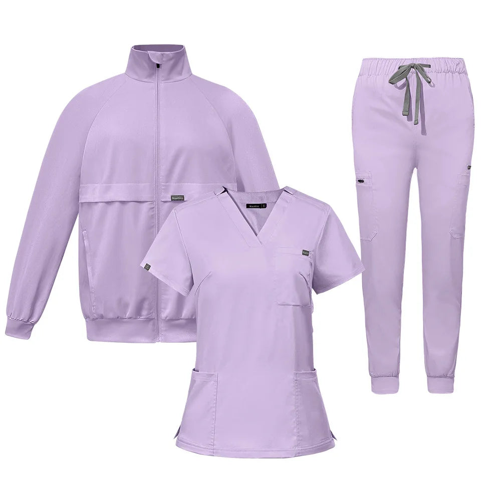 Elastic V-neck nurse hand washing suit three piece set, short sleeved pants and jacket, comfortable surgical suit set