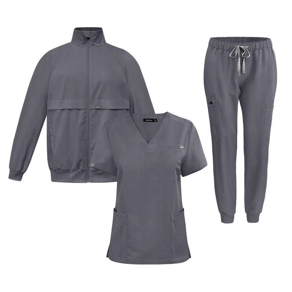 Elastic V-neck nurse hand washing suit three piece set, short sleeved pants and jacket, comfortable surgical suit set