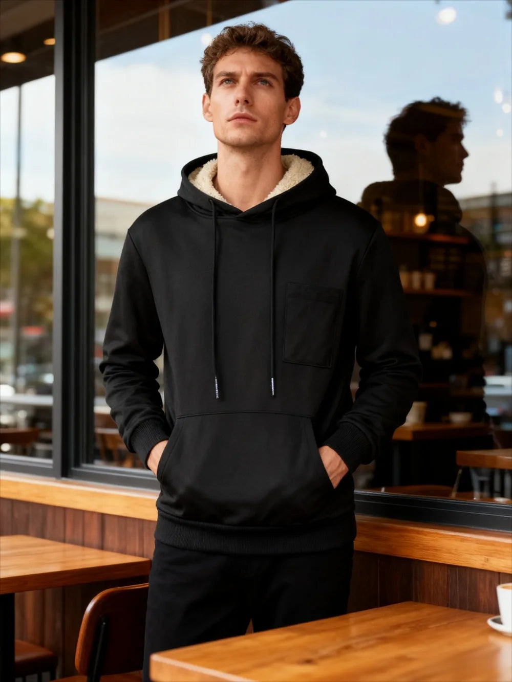 Winter Men's Fleece Hoodies Solid Color Casual Warm Long Sleeve Pullover New Crew Neck Hooded Sweatshirt Streetwear Men Clothing