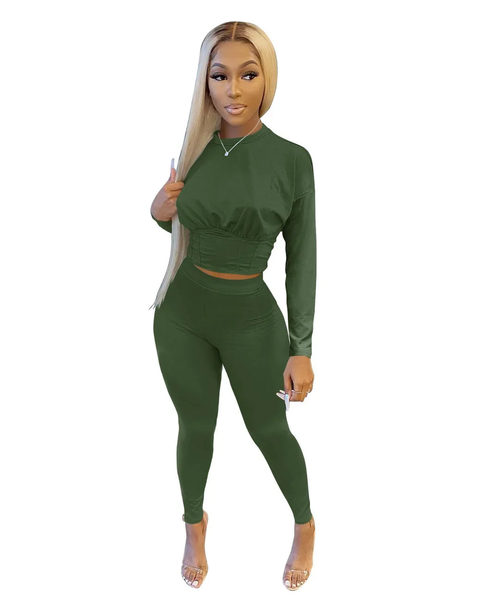 New Autumn Women's Pure Color Sports Waist Suit Fashion Casual Two-piece Set