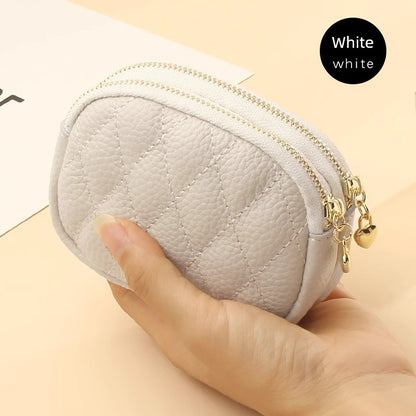2024 New Arrival First Layer Cowhide Quilted Embroidery Thread Key Ring Buckle Coin Bag Double Layer Zipper Genuine Leather Mini Purse Women