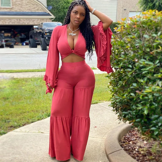 Casual Spring And Autumn For Women's Solid Color Long Sleeved Chest Wrap Top and Wide Leg Trousers Female Office 2 Piece Set