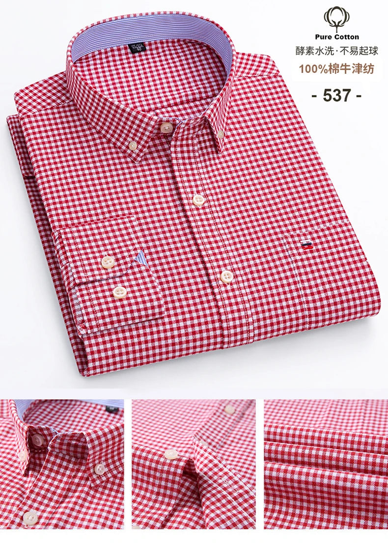 New S-7XLCotton Oxford Shirt For Mens Long Sleeve Plaid Striped Casual Shirts Male Pocket Regular-Fit Button-Down Work Man Shirt