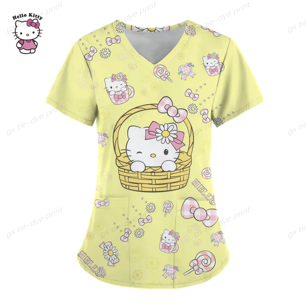 Hello Kitty Uniform Women's Cartoon Hello Kitty Print Nurse Work Shirt Pocket Gown Christmas Healthcare Nurse Scrubs
