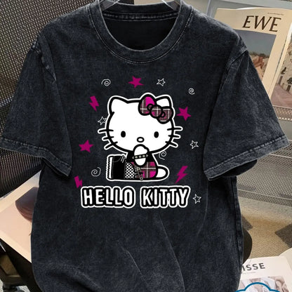 Hello Kitty Ladies Vintage Washed T-Shirt - Casual Crew Neck Short Sleeve Top Black Cute Cartoon Design Vintage Style