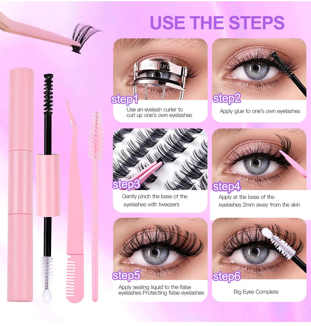 DIY Eyelash Extension Kit, 280 PCS Clusters Slender Stems, Super Fixed Mascara Brush Bond and Seal Eyelash Glue and Eyel