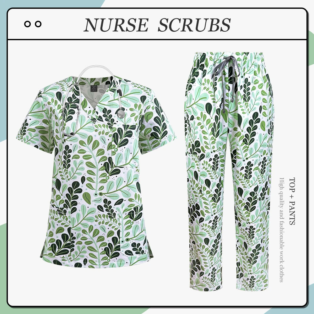 Scrubs Uniform Woman Cotton Print Scrub Healthcare Scrubs Women Fashion with Pockets Short Sleeve Nurse Uniform Tops Pants Sets