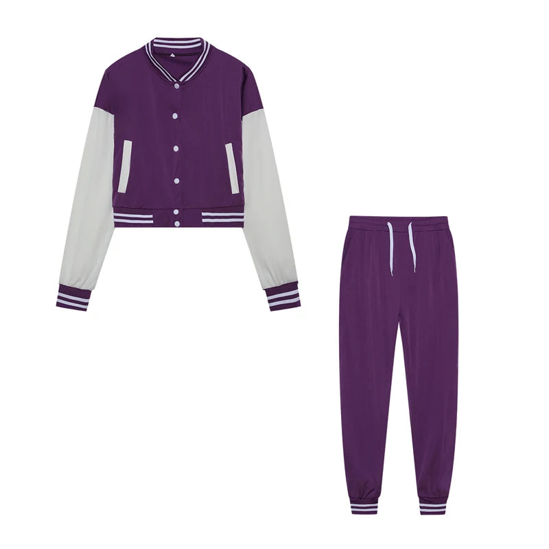 New Women's Stitching Jacket Single-breasted Baseball Sports Two-piece Suit