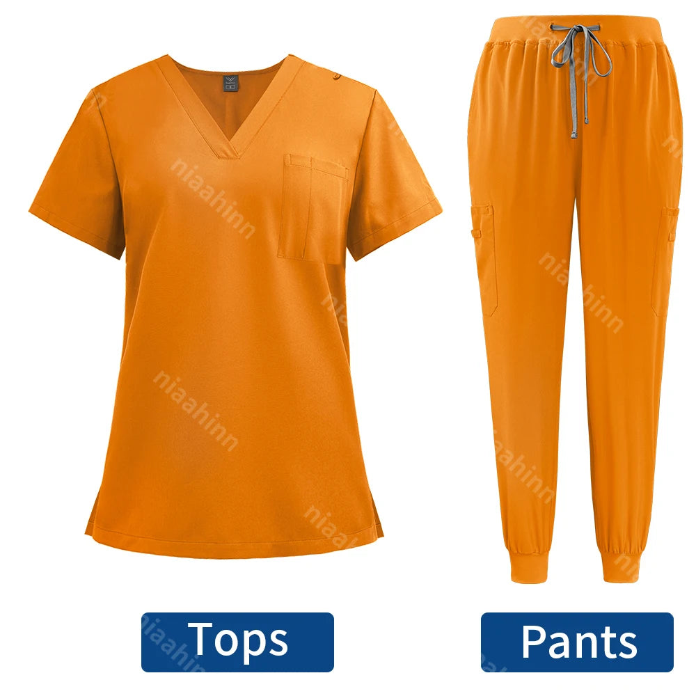 Niaahinn Surgical Uniforms Women Scrub Set Medical Nursing Workwear Dental Clinic Doctor Scrubs Tops+Pants Spa Work Unifrom Suit