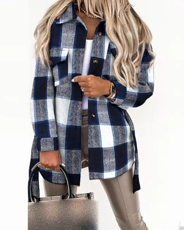 Women's Fashion Autumn and Winter Blouses Jackets Strap Plaid Printed Woolen Jacket Ladies Casual Pockets Coats Clothing