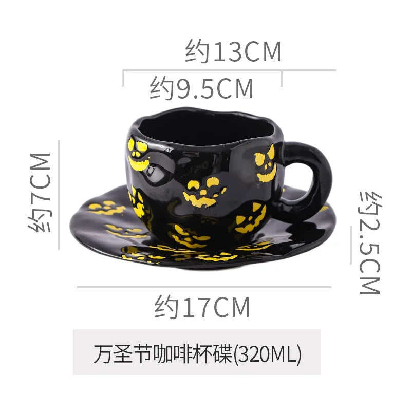 Creative Halloween-themed ceramic cups and saucers Irregular personalized coffee cups Coffee saucers Pumpkin bat pattern cups