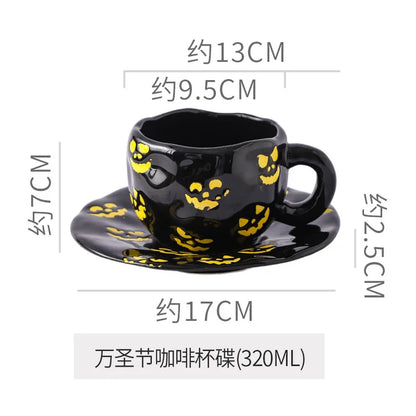 Creative Halloween-themed ceramic cups and saucers Irregular personalized coffee cups Coffee saucers Pumpkin bat pattern cups