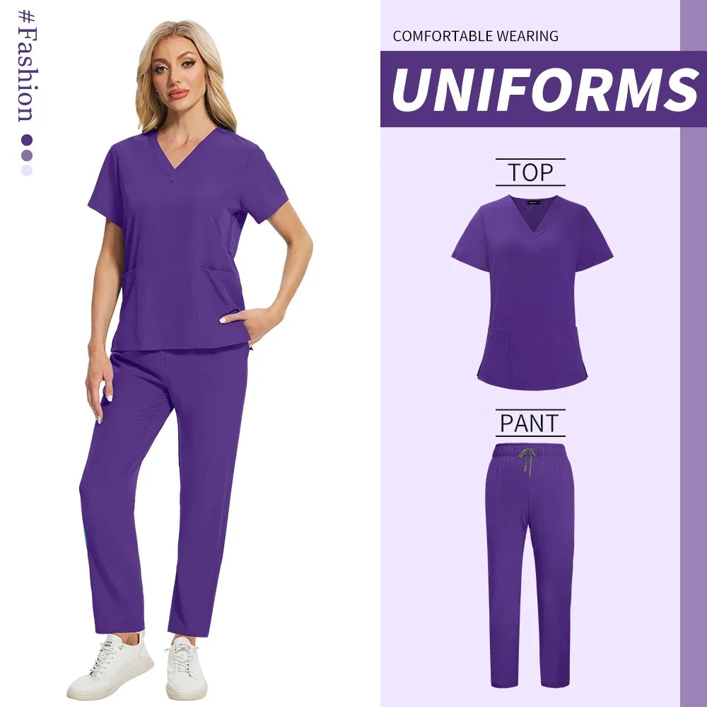 Women Health Service Nurse Uniforms Scrub Set Beauty Salon Spa Workwear Scrubs Top+Pant Doctor Nursing Tunic Suit