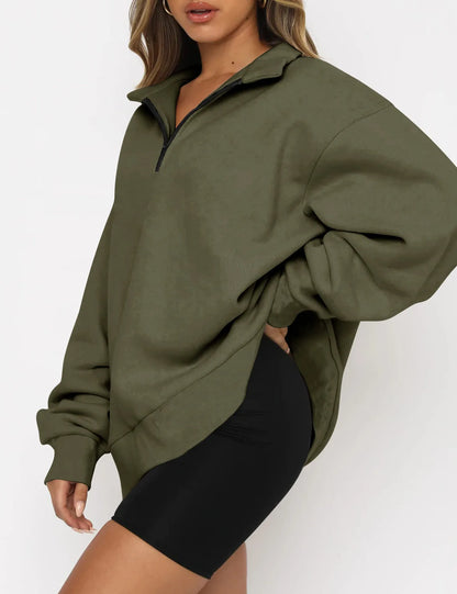 Women Sweatshirts Turn Down Collar Zipper Pullovers Long Sleeve Spliced Thick Warm Sweatshirt Outwear Autumn Winter 2024